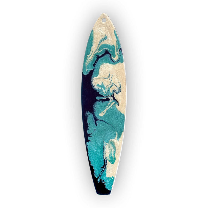 hand painted by the sea surfboard ornament with flowing pebeo resin in teal and pearl