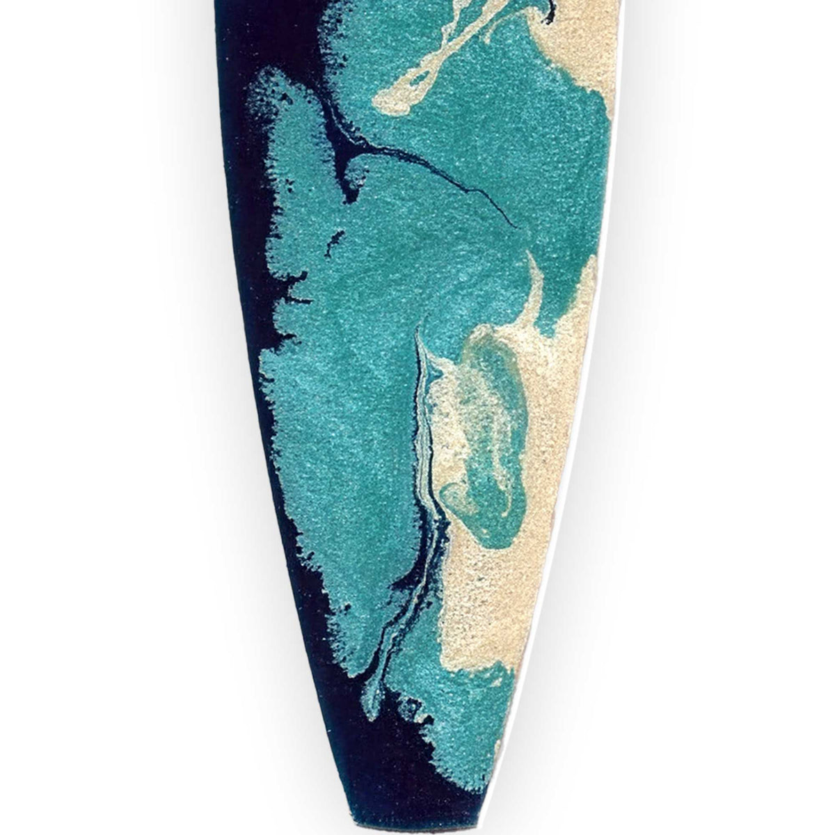 detail view of layered resin pattern in teal blue and pearl on surfboard ornament