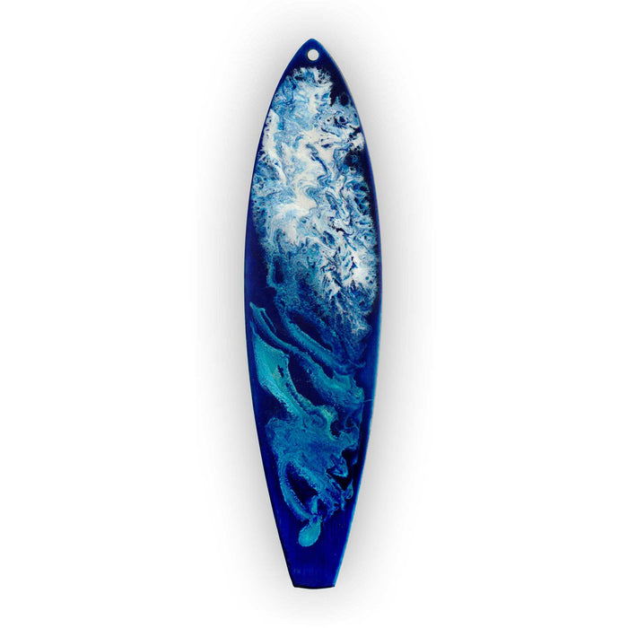 hand painted wavecrest surfboard christmas ornament with blue resin texture