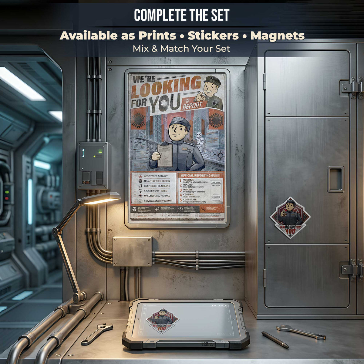 We’re Looking for You print with matching sticker and magnet from the Vault Boy Starcruiser Collection