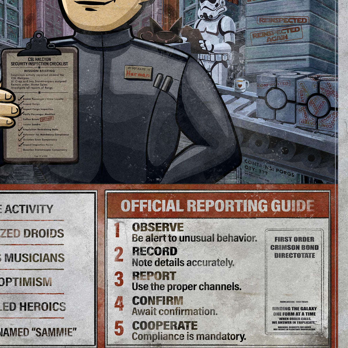 Close detail of the First Order reporting guide and bureaucratic humor in We’re Looking for You