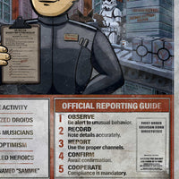 Close detail of the First Order reporting guide and bureaucratic humor in We’re Looking for You