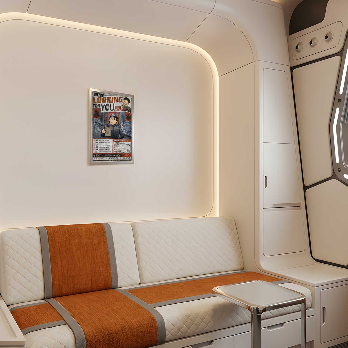 We’re Looking for You Lt. Croy art print displayed inside a futuristic Halcyon-inspired cabin