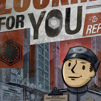 Close detail of Lt. Croy and the First Order inspection facility in We’re Looking for You