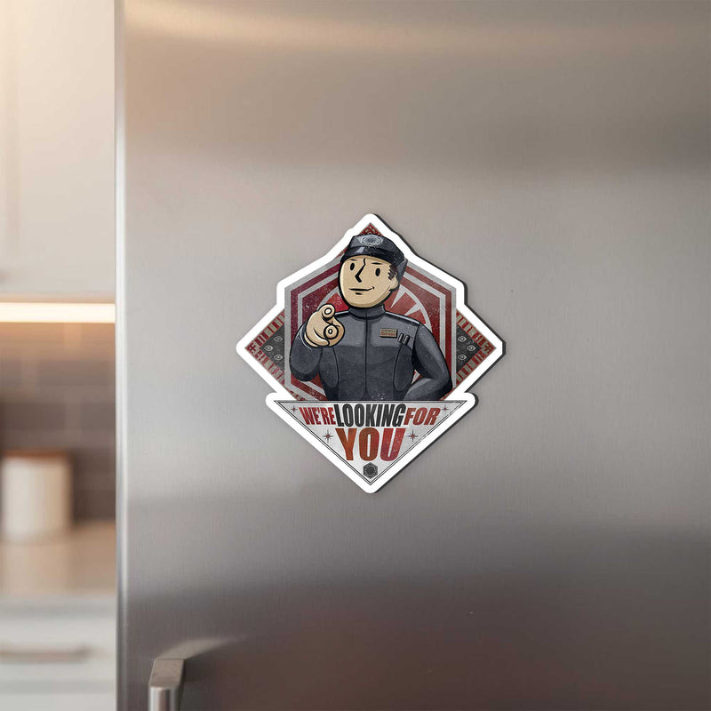 We’re Looking for You Lt. Croy magnet displayed on a refrigerator door