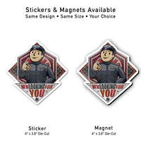 We're Looking for You die-cut sticker and magnet side by side, same 4x3.8 size, inspired by the Star Wars Galactic Starcruiser Halcyon.