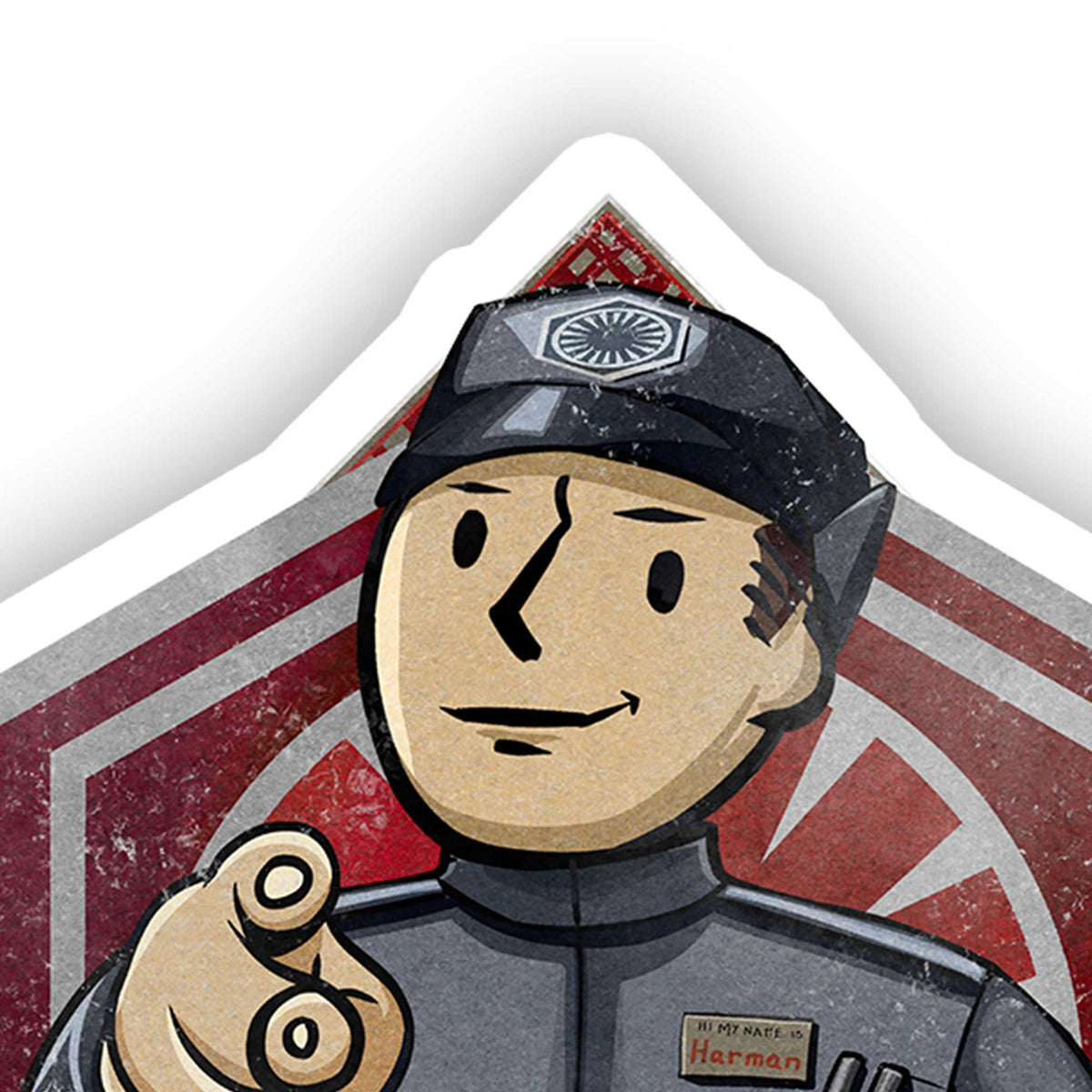 Close detail of the We’re Looking for You Lt. Croy sticker showing printed texture and die-cut border
