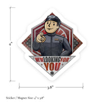 Dimension graphic showing the We’re Looking for You Lt. Croy sticker and magnet at 4 inches tall by 3.8 inches wide
