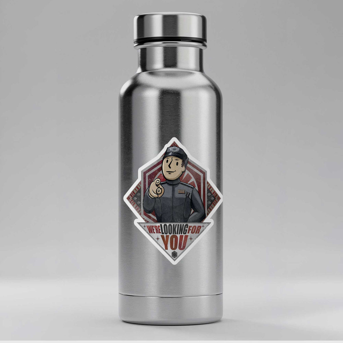 We’re Looking for You Lt. Croy sticker displayed on a water bottle