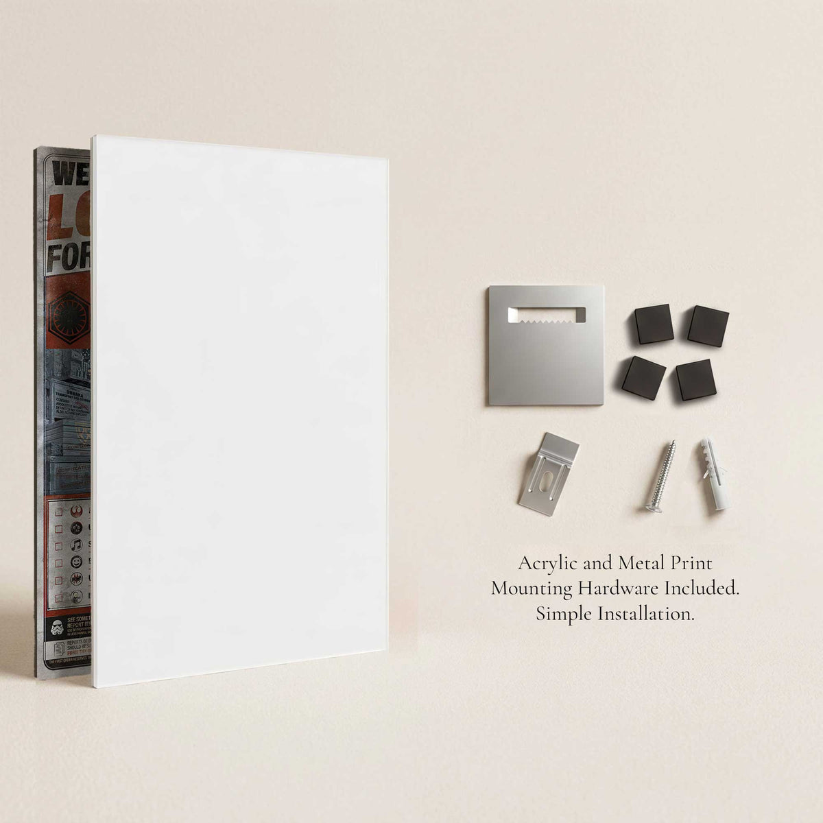 Hanging hardware and foam spacers included with the We’re Looking for You metal print