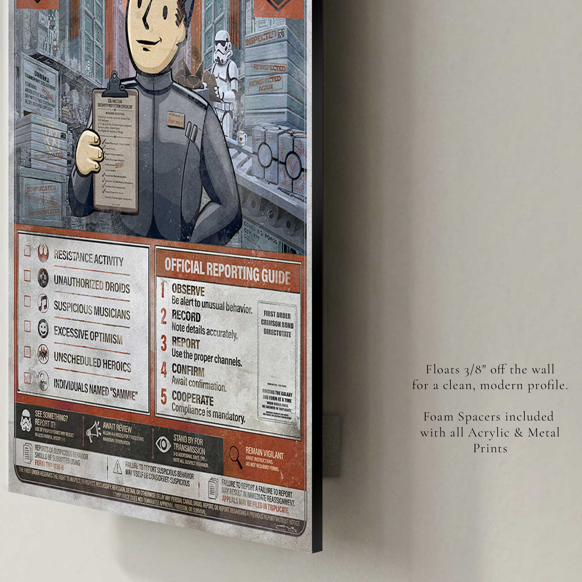 Side view of We’re Looking for You metal print showing its floating wall profile