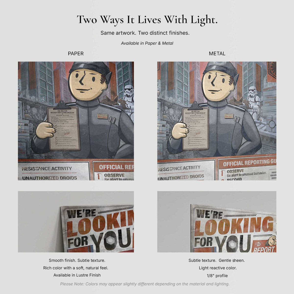 Detail comparison of paper texture and metal finish on We’re Looking for You art print