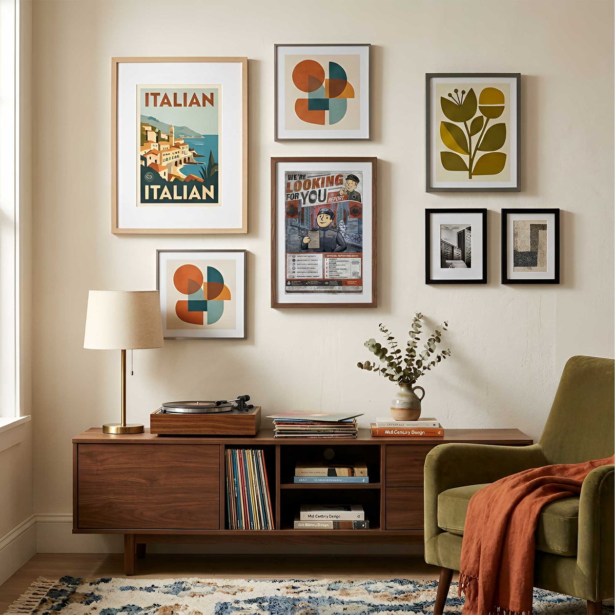 We’re Looking for You Galactic Starcruiser art print displayed in a mid-century gallery wall