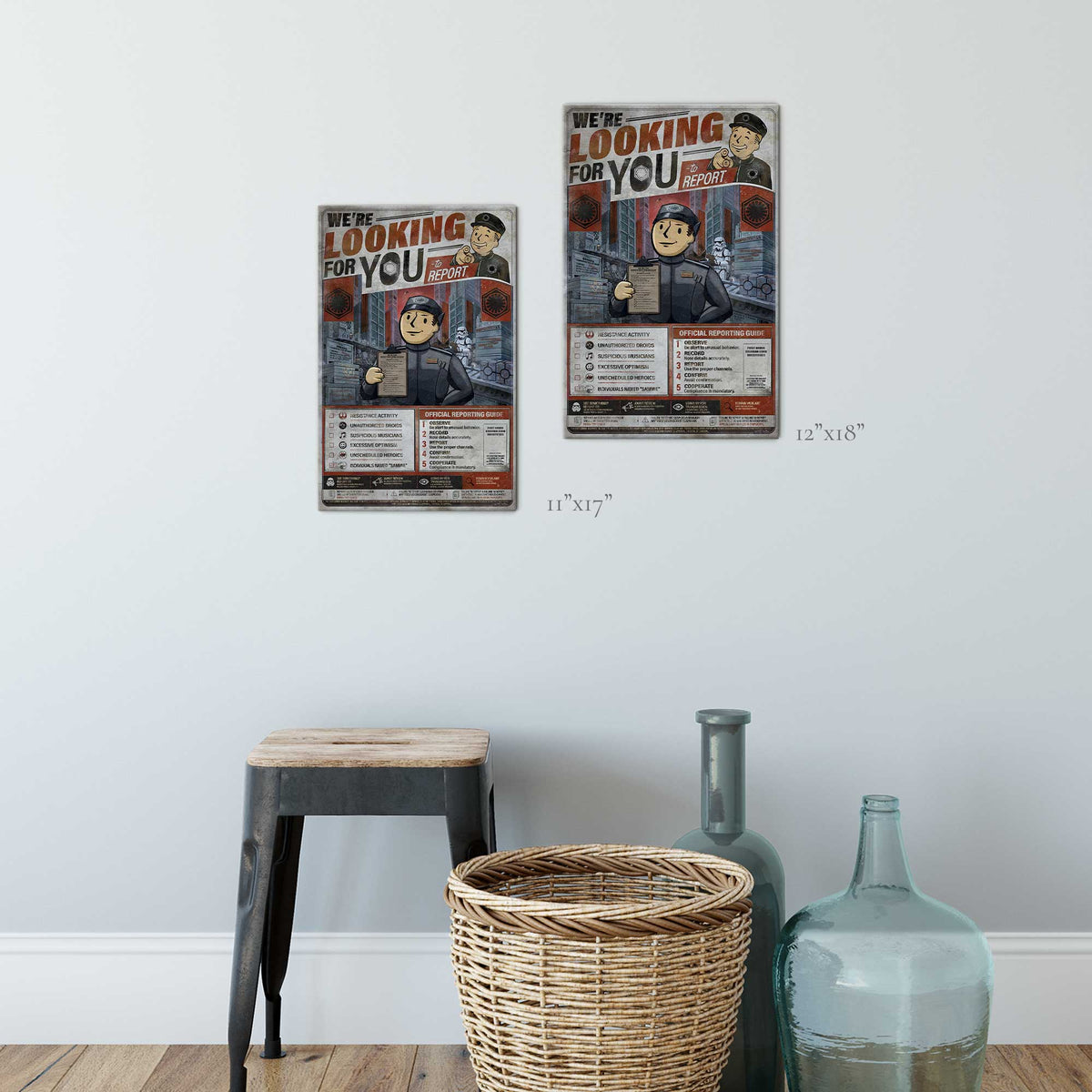 Size comparison showing We’re Looking for You art print in 11 by 17 paper and 12 by 18 metal sizes