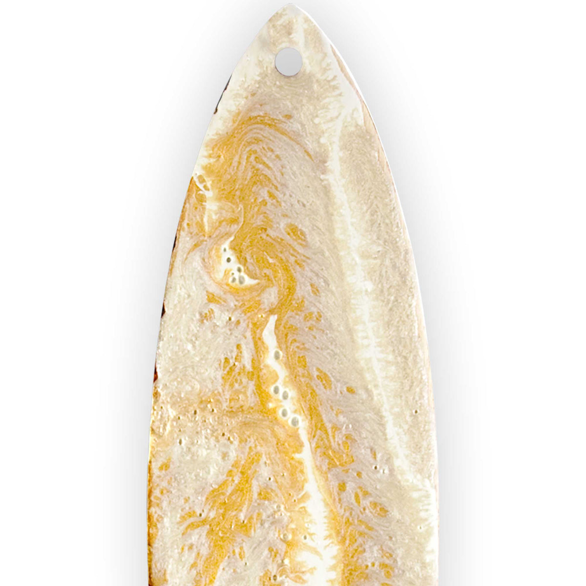 Close view of white and gold Christmas decor surfboard Christmas ornament for surfing Christmas gift by 5th & Rugged.