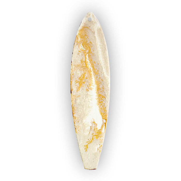 a hand-painted pearl, white, and metallic gold surfboard christmas ornament