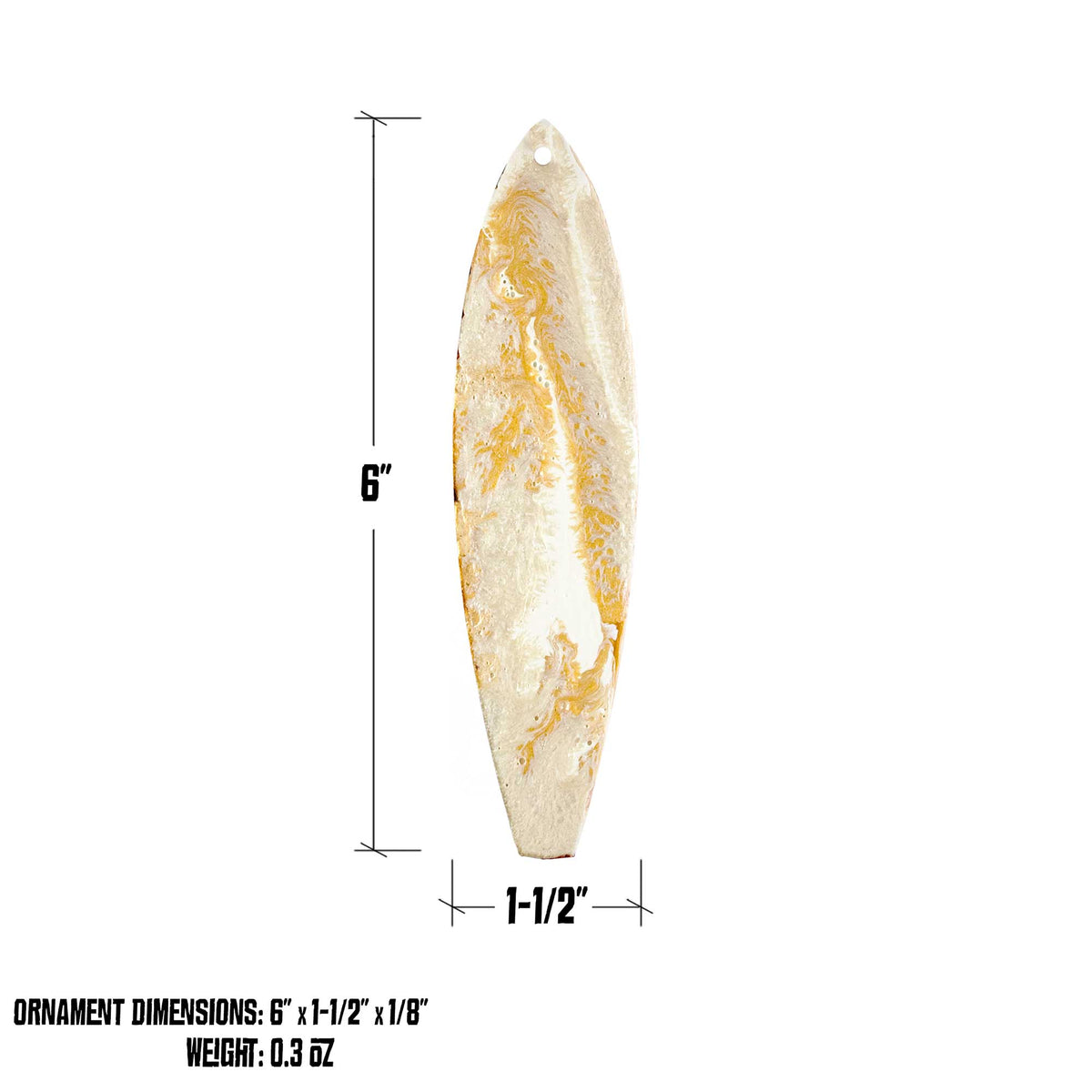 White Gold surfboard ornament showing size and dimensions