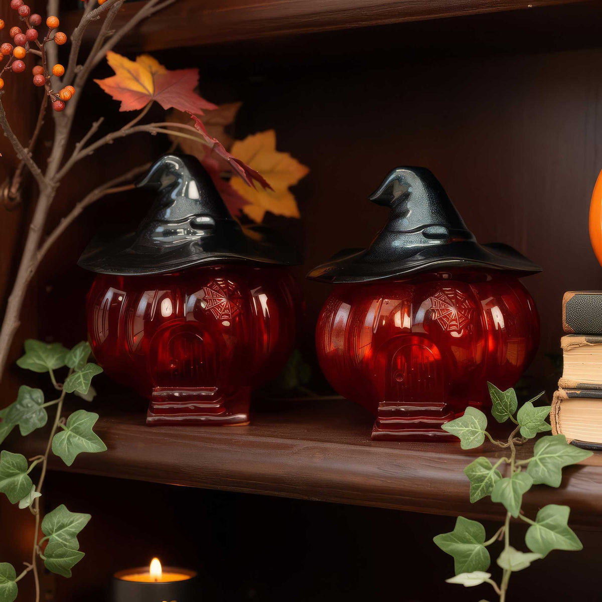 Witch hat pumpkin jar styled in cozy Halloween decor scene