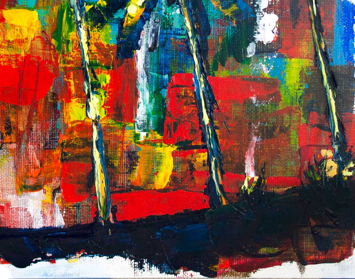 Original palm tree painting with bright rainbow sky and blowing palm trees silhouetted against the beach