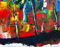 Original palm tree painting with bright rainbow sky and blowing palm trees silhouetted against the beach