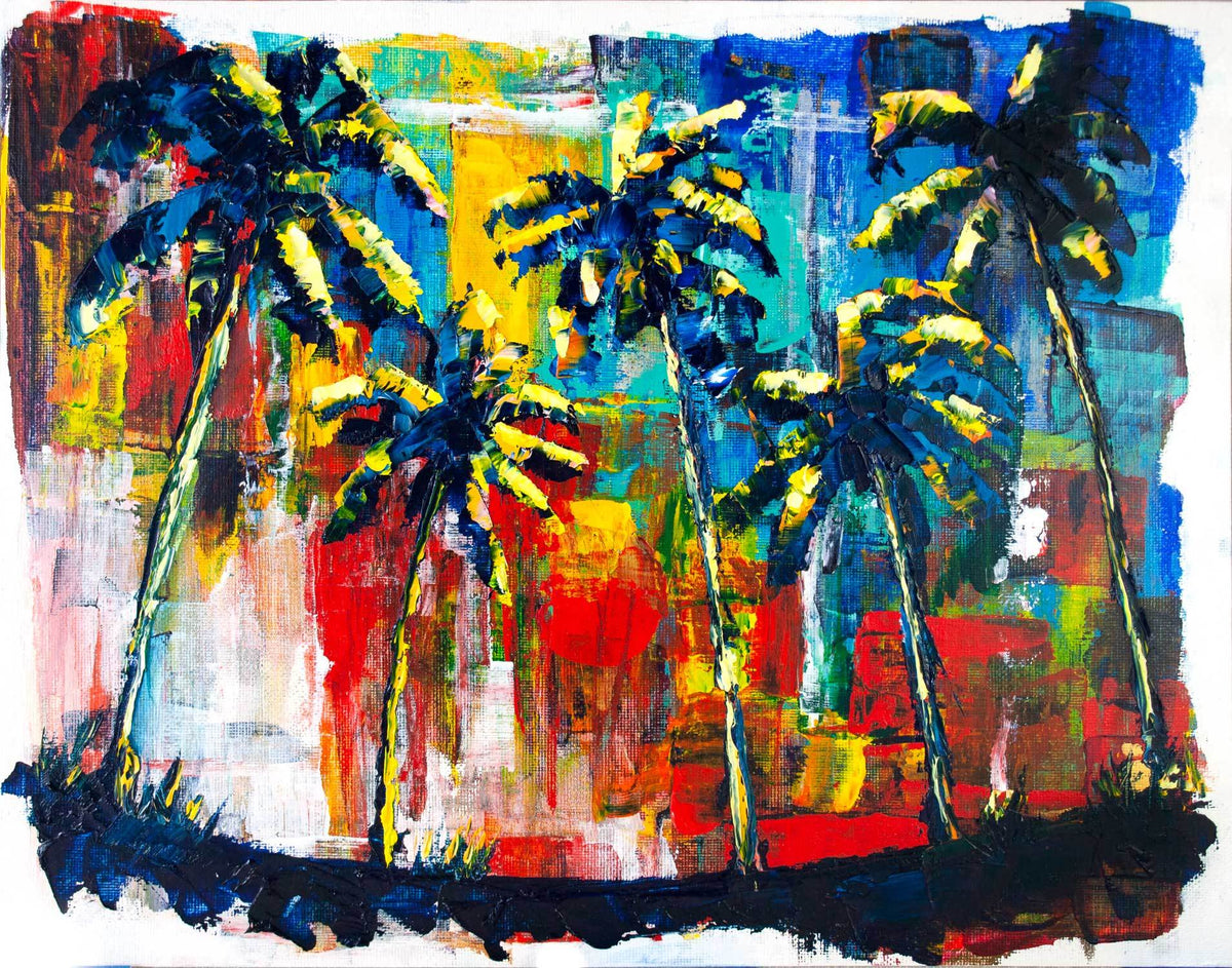 Original palm tree wall art of black trees blowing against a rainblow sky