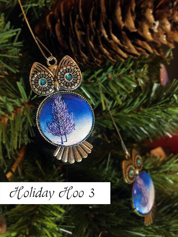 Silver and blue owl Christmas tree ornament with watercolor painting on chest and swirled eyes. Perfect Kappa gift idea.