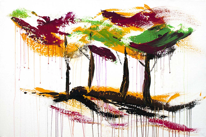 Original abstract acrylic painting on canvas of dancing trees with vibrant fall foliage colors
