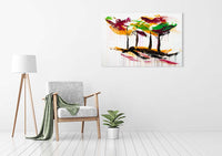 Original abstract wall art of colorful forest with magenta, green, yellow, and black trees as sen décor in an urban loft