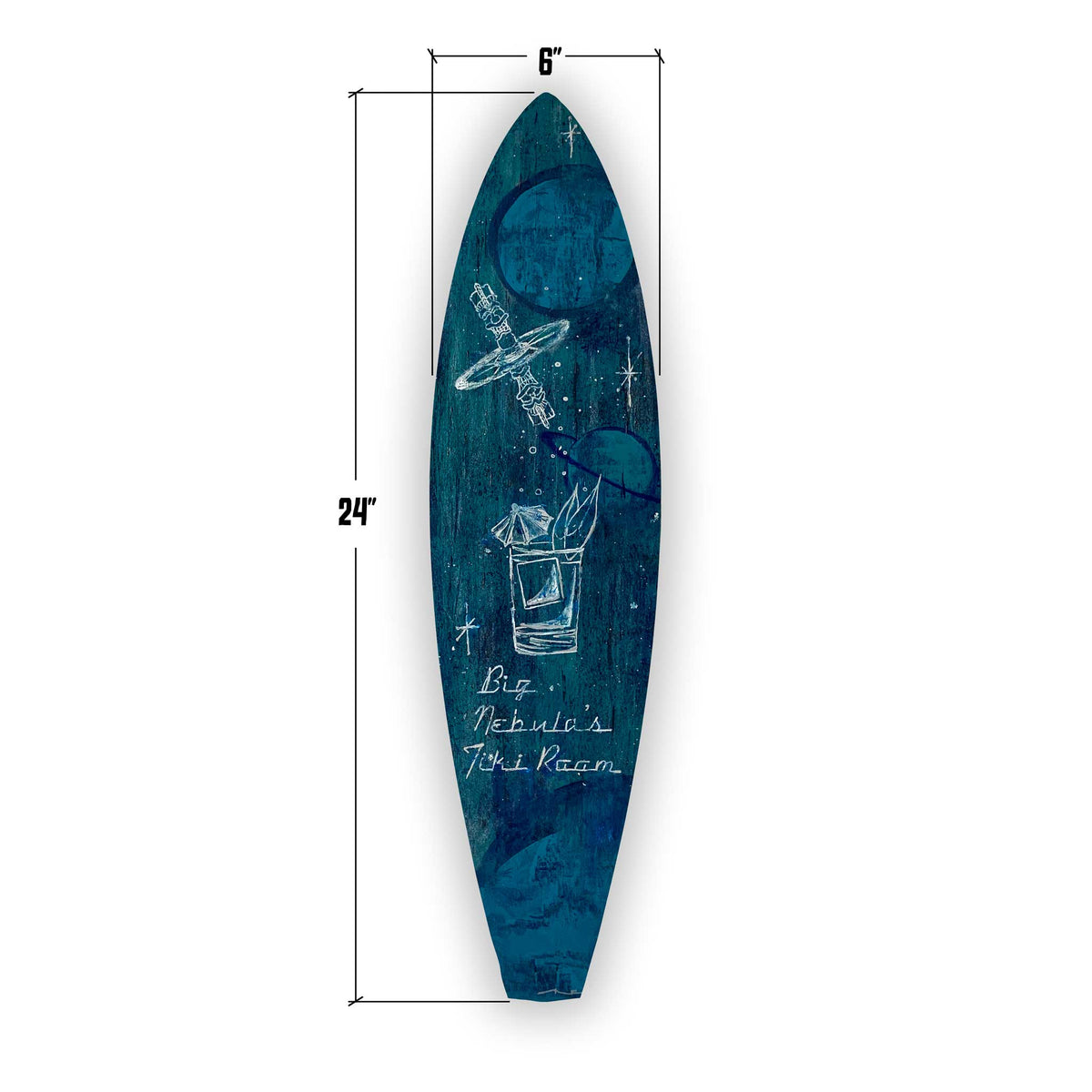 A hand painted surfboard with the measurements of 24" and 6" on a white background