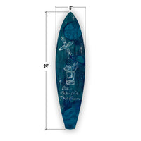 A hand painted surfboard with the measurements of 24" and 6" on a white background