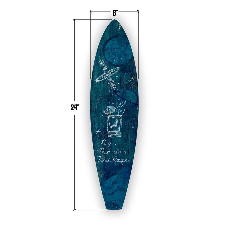 A hand painted surfboard with the measurements of 24" and 6" on a white background