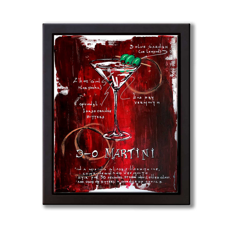 Cocktail art of classic Martini with recipe, painted on deep red canvas with white accents