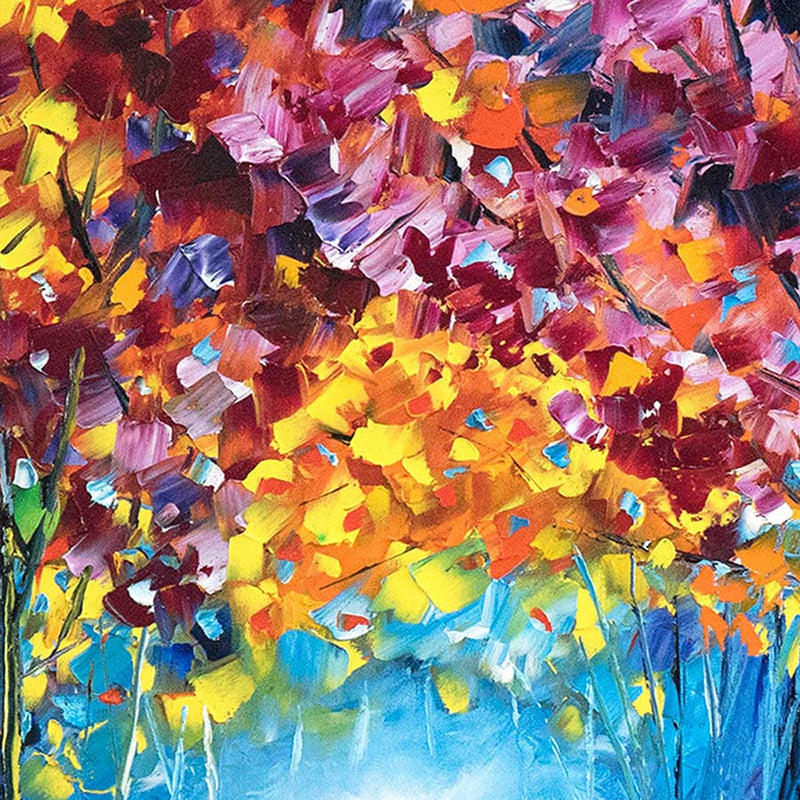 Close detail of original oil painting for sale. Vibrant fall foliage painted with a palette knife and oil paint on canvas.