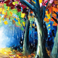 Tree trunks against a blue sky and vibrant fall foliage. Close detail of original oil painting for sale.