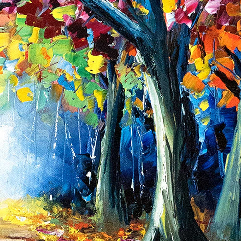 Tree trunks against a blue sky and vibrant fall foliage. Close detail of original oil painting for sale.