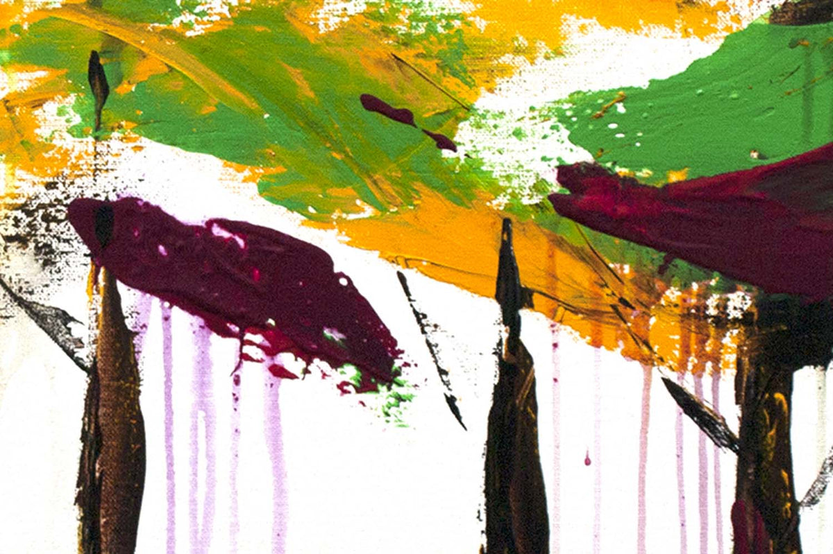 Nature painting of autumn forest with brightly colored trees covered in gold fall foliage