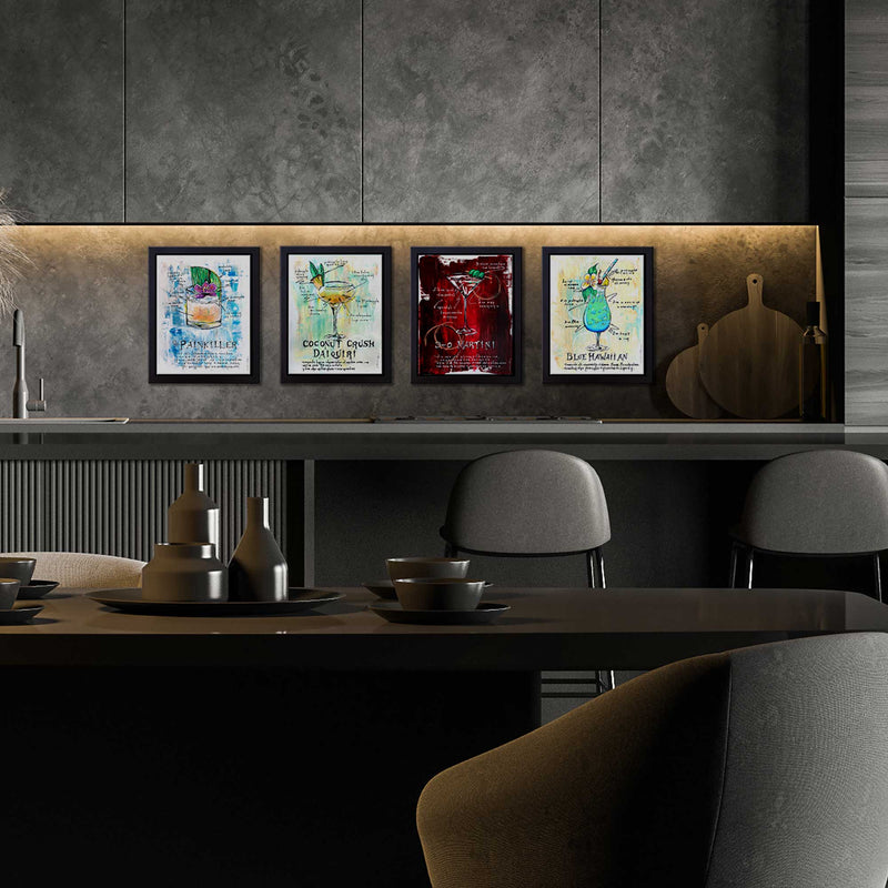 An upscale home bar with four framed artworks featuring hand painted cocktail art each with recipes and details