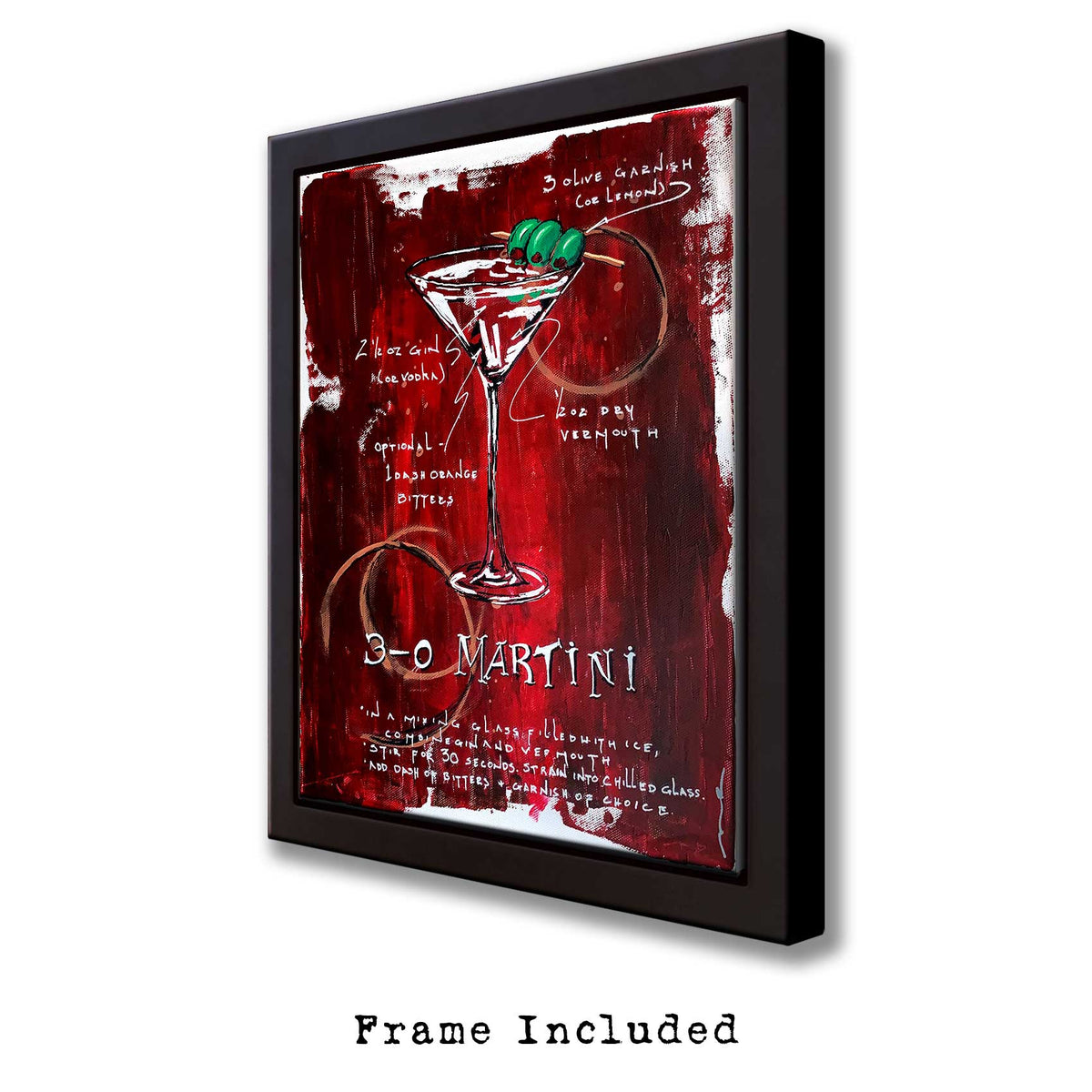 Vintage bar décor of Dry Martini surrounded by hand-sketched retro recipe