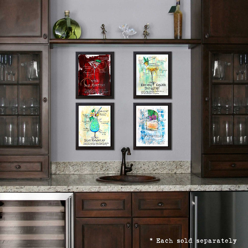 A minimalist home bar with 4 framed paintings of painted cocktails hanging above the mixing area