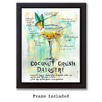 Framed original illustration of tropical daiquiri with hand-written recipe and details