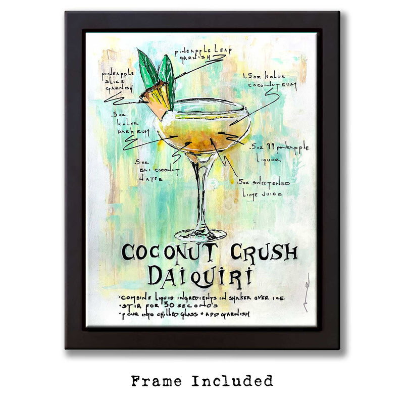 Framed original illustration of tropical daiquiri with hand-written recipe and details