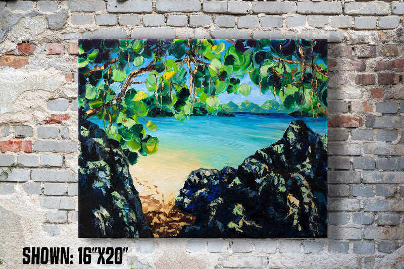 Large printed wall art of secret beach in Virgin Islands with turquoise lagoon and white sand
