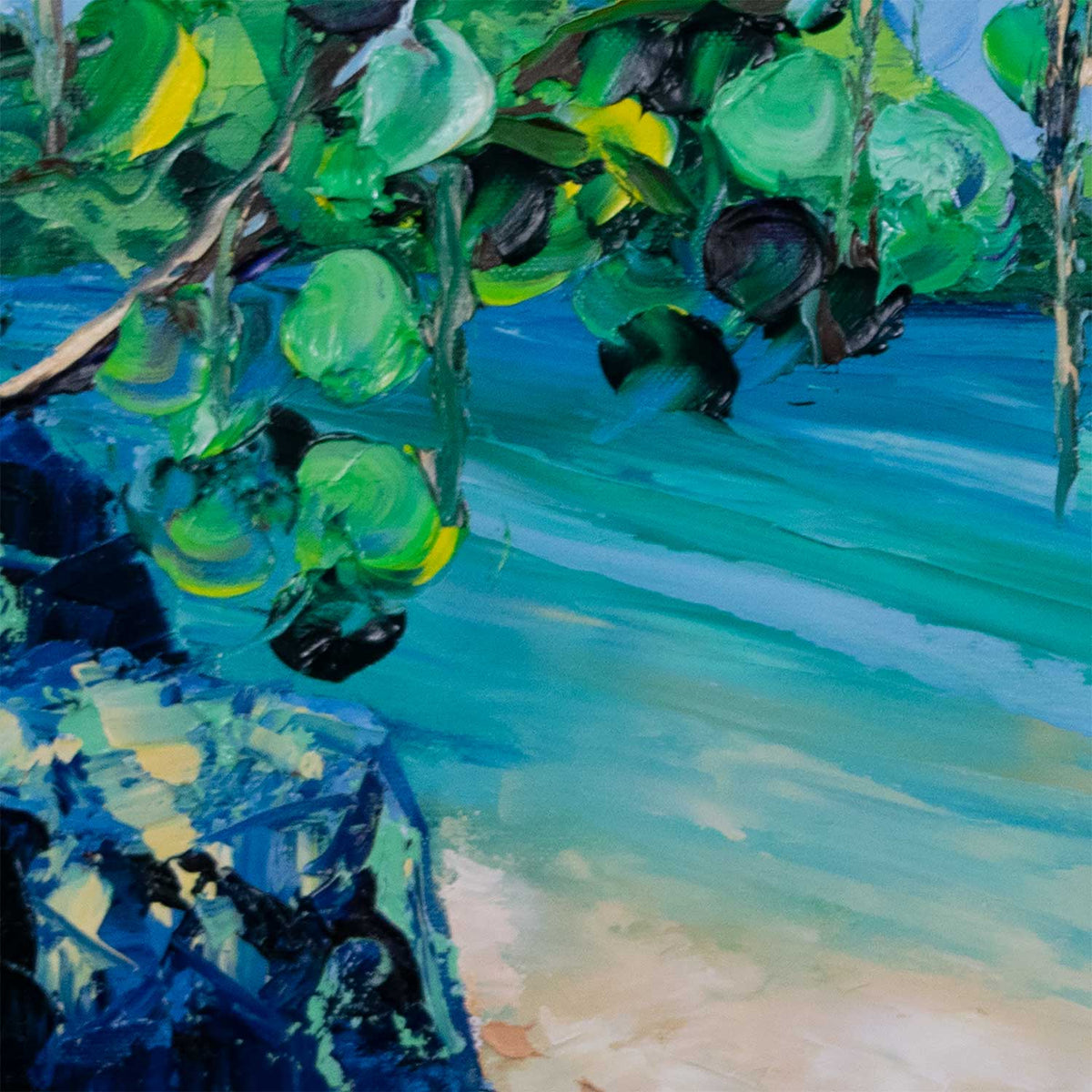 Closeup of Day Dreaming vol.2 featuring visible palette knife techniques for grape leaves, rocks, and caribbean water. 