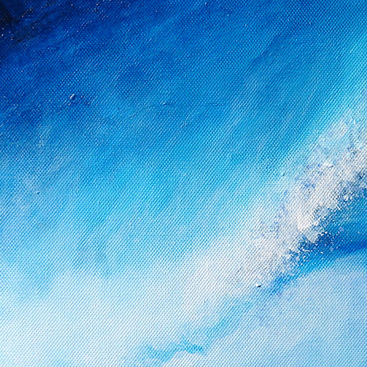 Zen wall art of minimalist blue wave against a blue and white ombre sky.