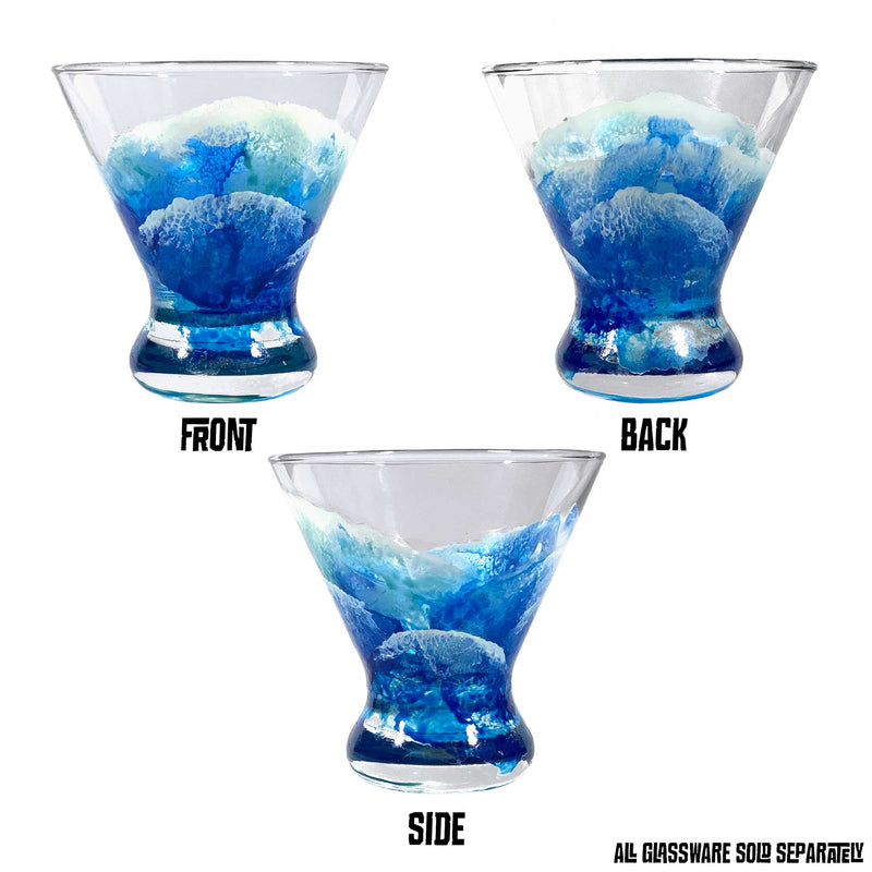 Three sides of modern martini glasses, showing unique modern wave wrapping around the glass.