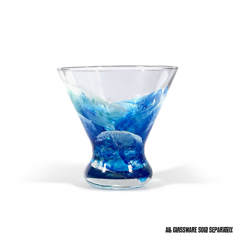 Retro stemless cocktail glass with abstract blue surfing waves painted around the glass, using a contemporary, highly textured style.