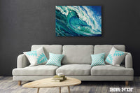 Living room wall art of turquoise wave curling off the California coast in the Pacific ocean