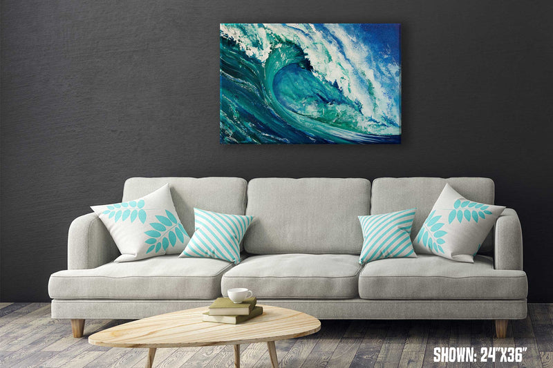 Living room wall art of turquoise wave curling off the California coast in the Pacific ocean