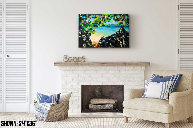 Tropical oil painting of secret island getaway with calm teal water and white sand beach