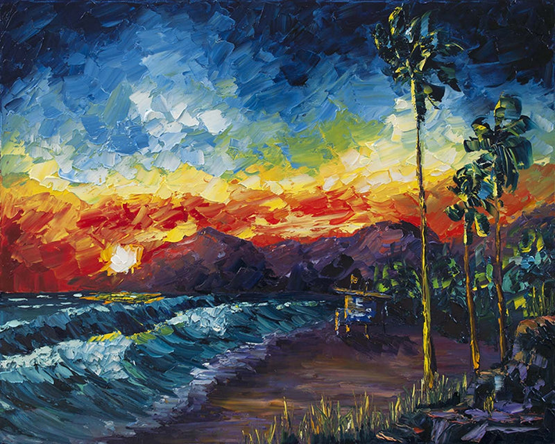 California Coast Art of Red Sunset over Ocean Waves with Palm Trees